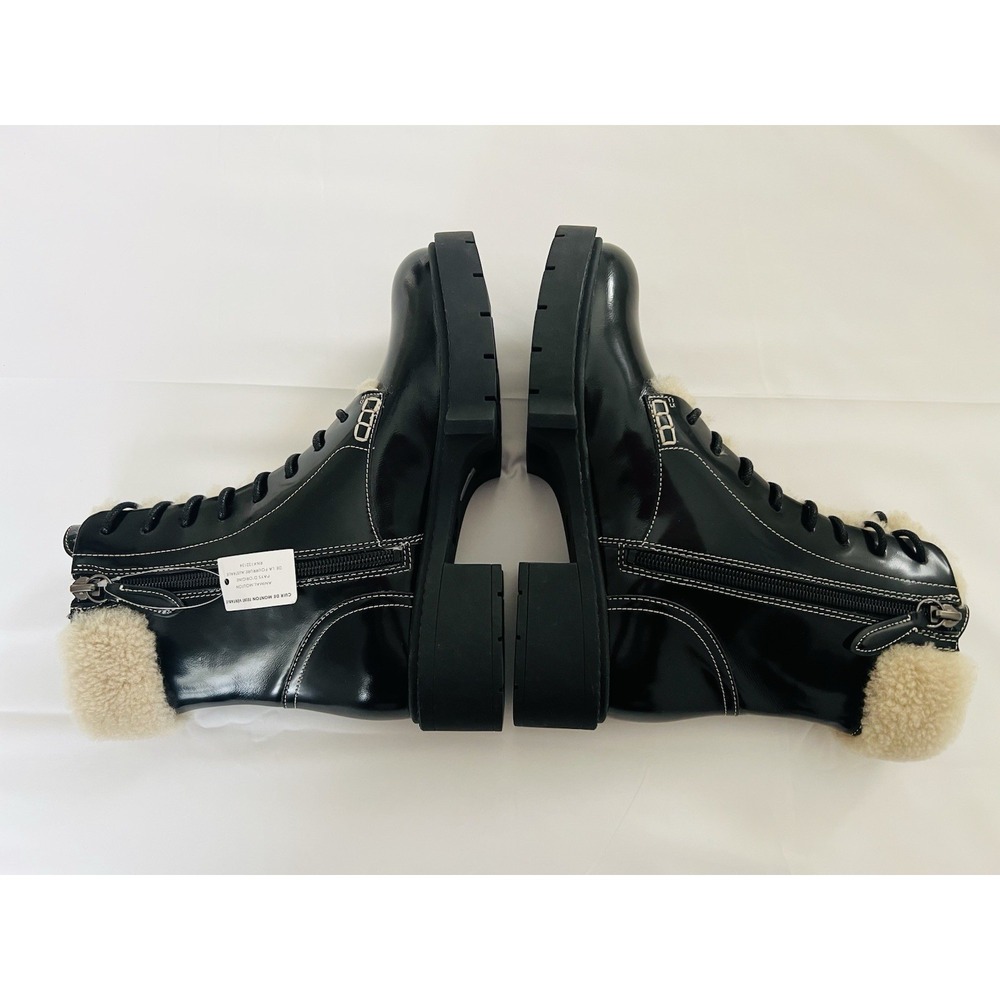 COACH Black High Shine Leather Shearling Combat Booties Uniform Dress Shoes 9.5B - Picture 9 of 13